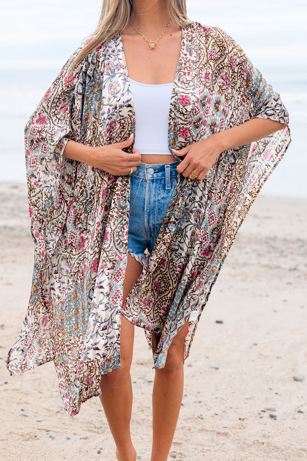 Love Salve  Apricot Floral Print Short Wide Sleeve Open Love Salve